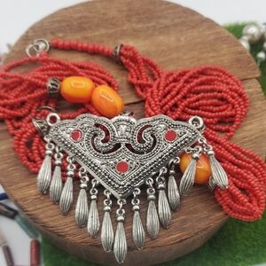 Gypsy Morrocan Silver Tone Amber and Red Beaded Necklace 26 Inch N3609